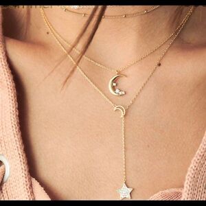 Gold Tone Crystal Multilayer Moon & Star Necklace